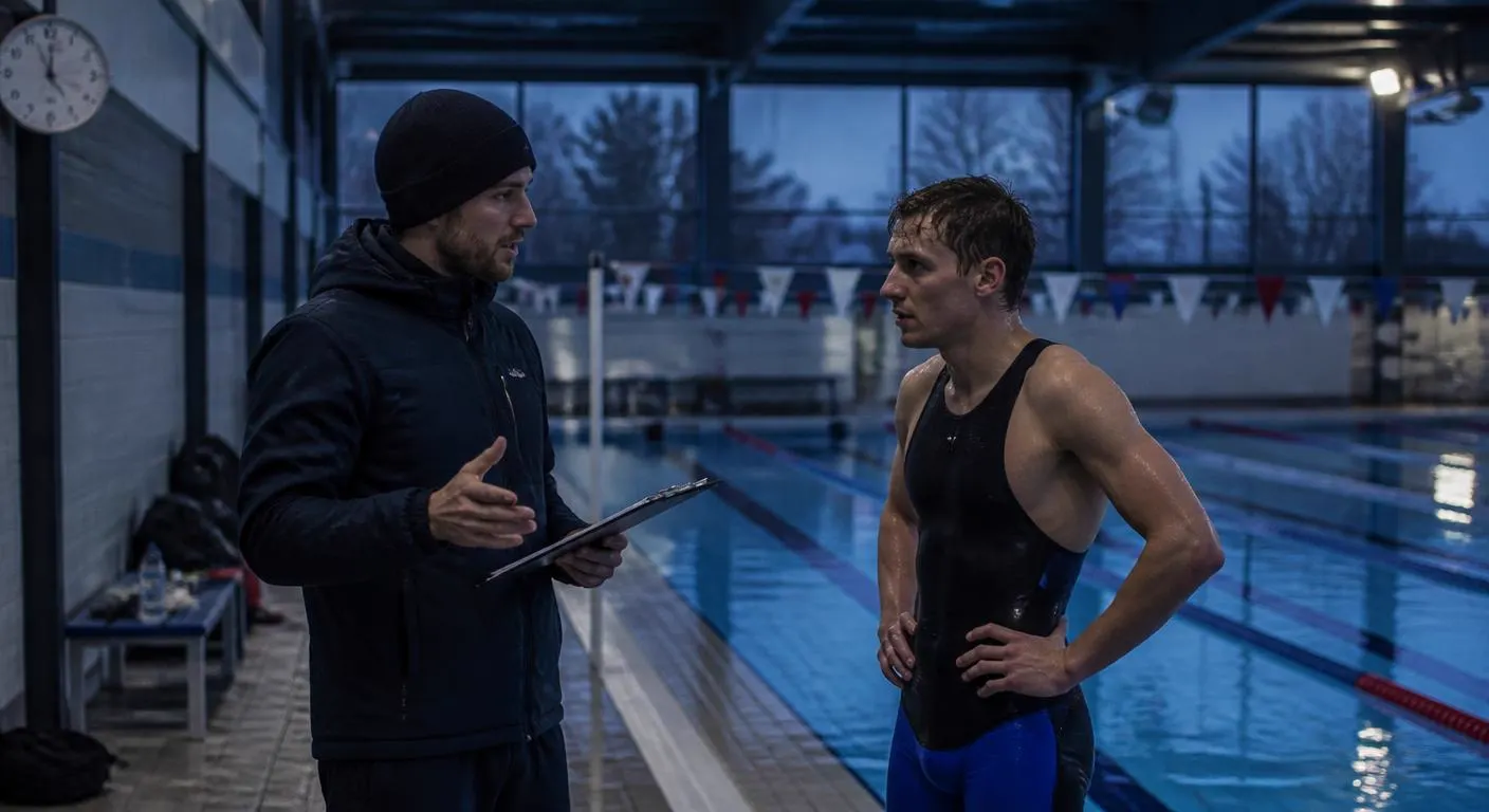 A coach talking through a session with an athlete at a British pool