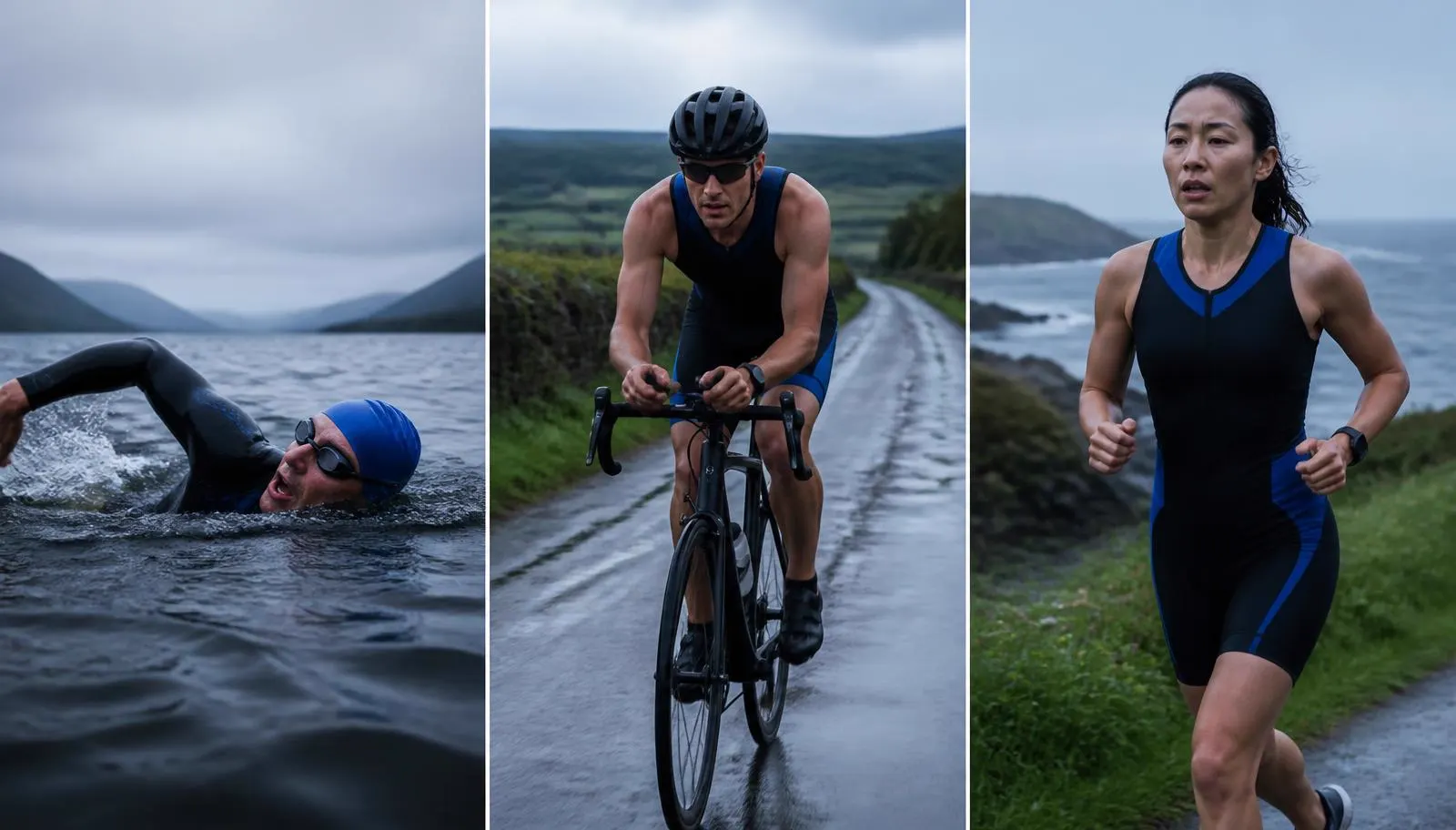 Amateur triathletes swimming in a lake, cycling on a wet country lane and running on a coastal path