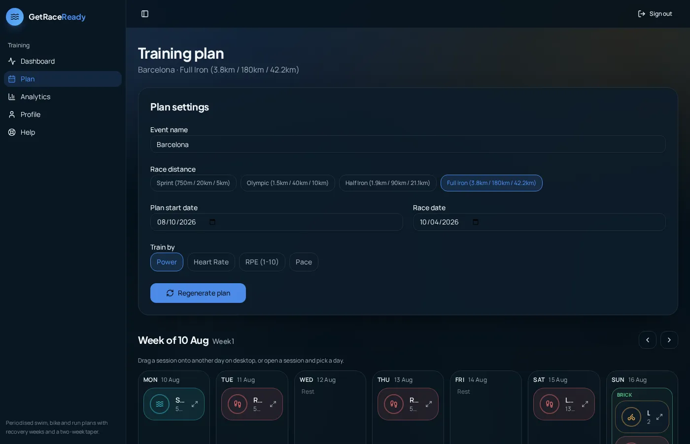 GetRaceReady training plan week view with sessions on each day