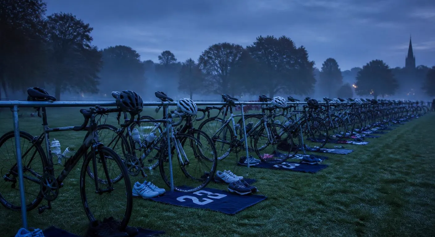 Bikes racked in a misty transition area at dawn in a British park
